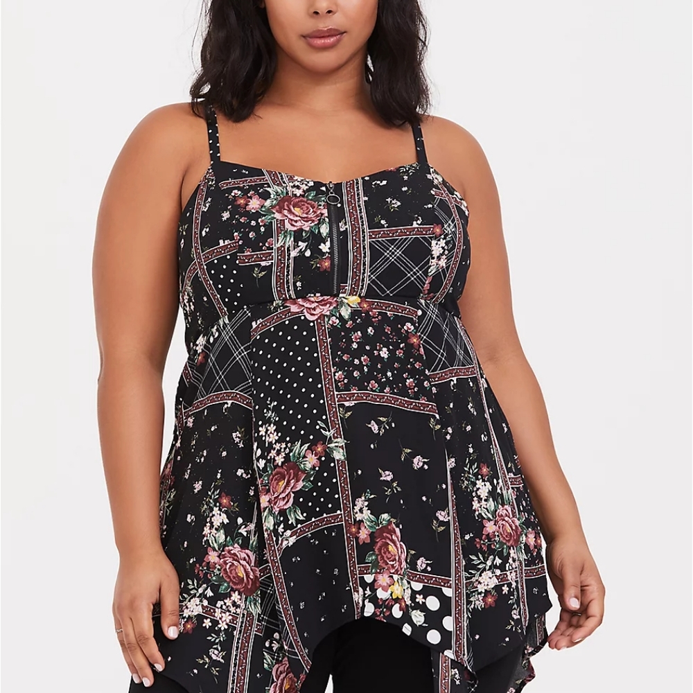 TORRID PLUS SIZE BLACK FLORAL PATCHWORK GEORGETTE ZIP FRONT BABYDOLL CAMI
